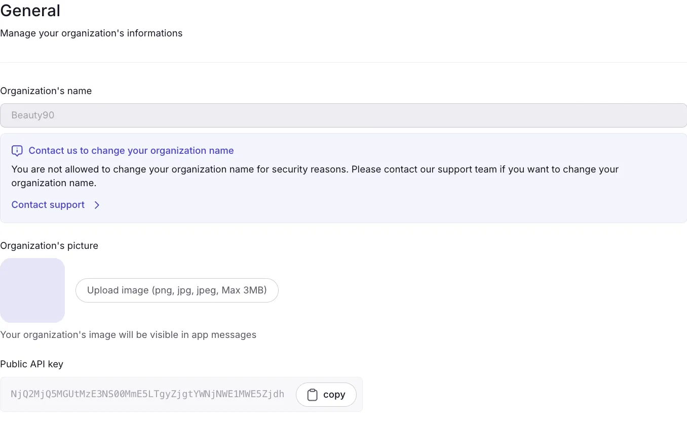 Dialog dashboard — Account Settings > General page showing the Public API key field with a Copy button