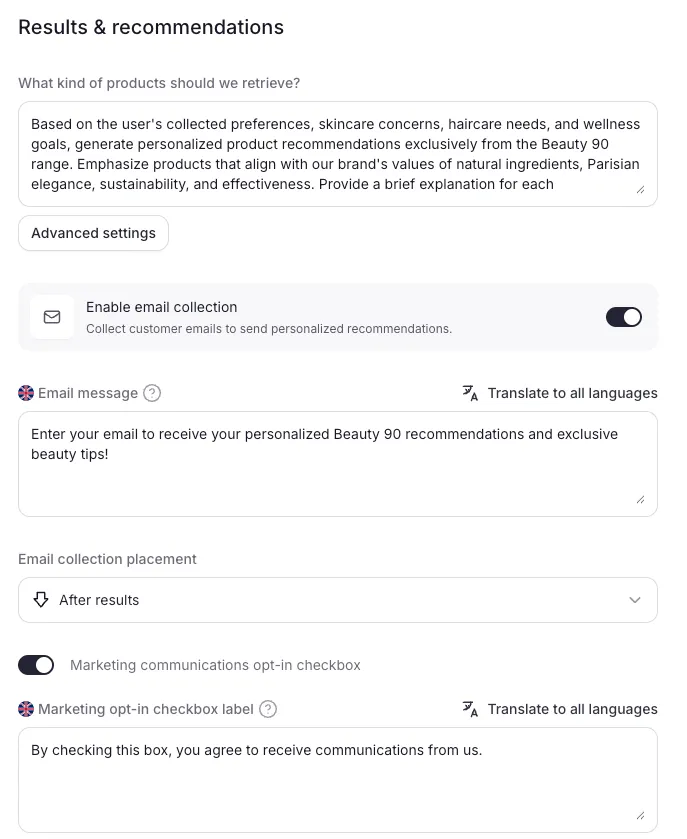 Personal Shopper results & recommendations: product retrieval prompt, advanced collection scoping, email collection with placement, marketing opt-in