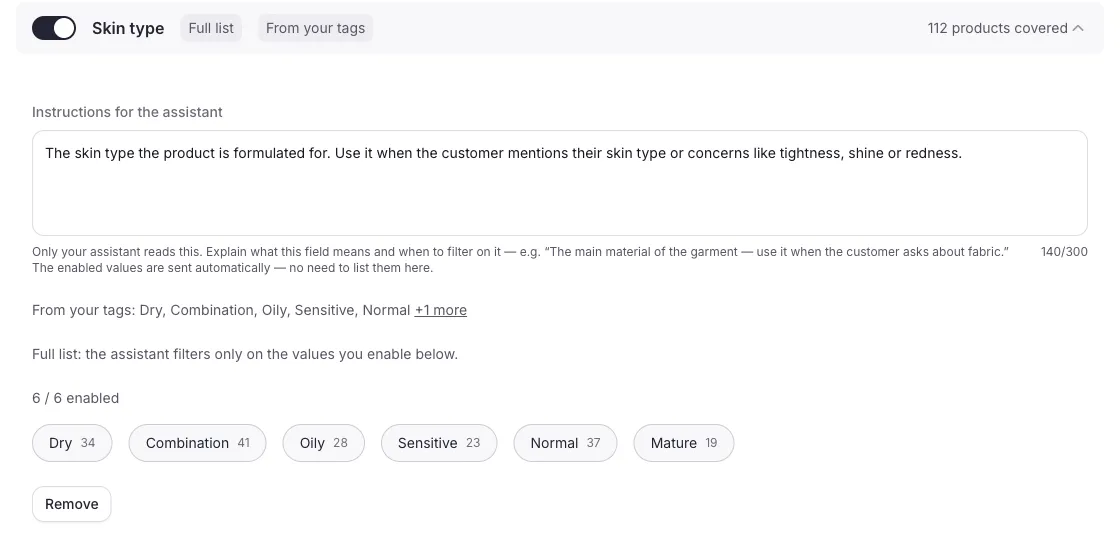 An expanded filter row: the “Instructions for the assistant” field, the origin values from your tags, and the value chips with per-value product counts and toggles